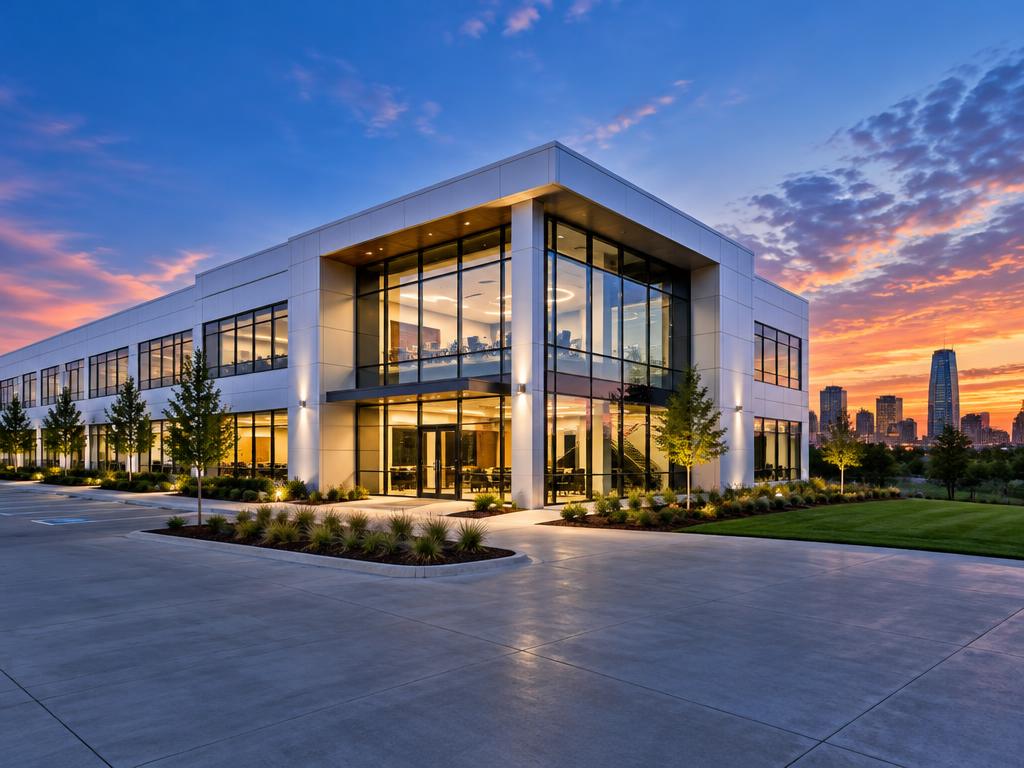 Modern commercial office building at dusk