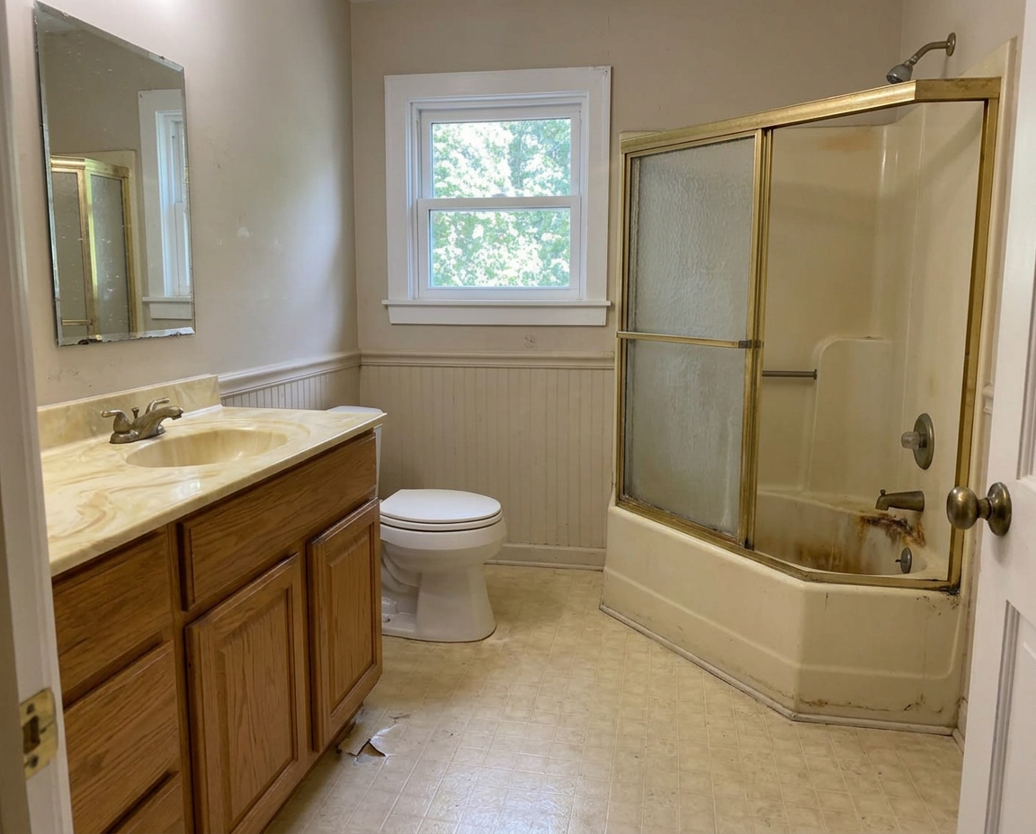 Old bathroom with stained fiberglass tub surround and dated oak vanity