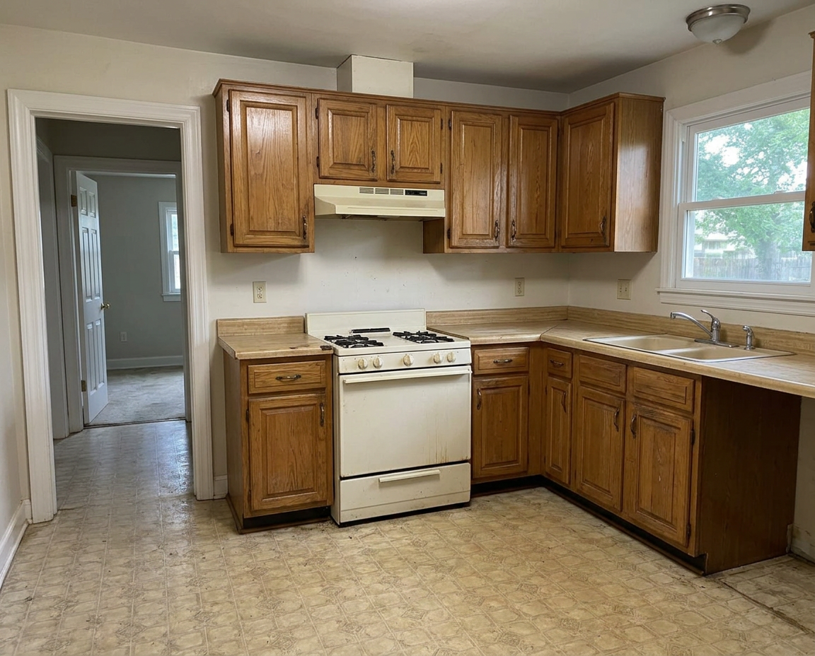 Dated kitchen with worn oak cabinets and laminate counters before remodeling