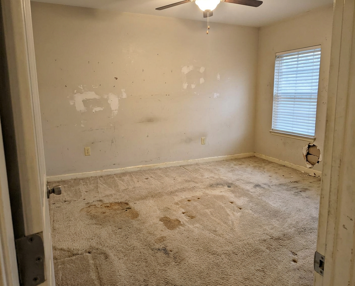 Rental bedroom with stained carpet, scuffed walls and damaged drywall