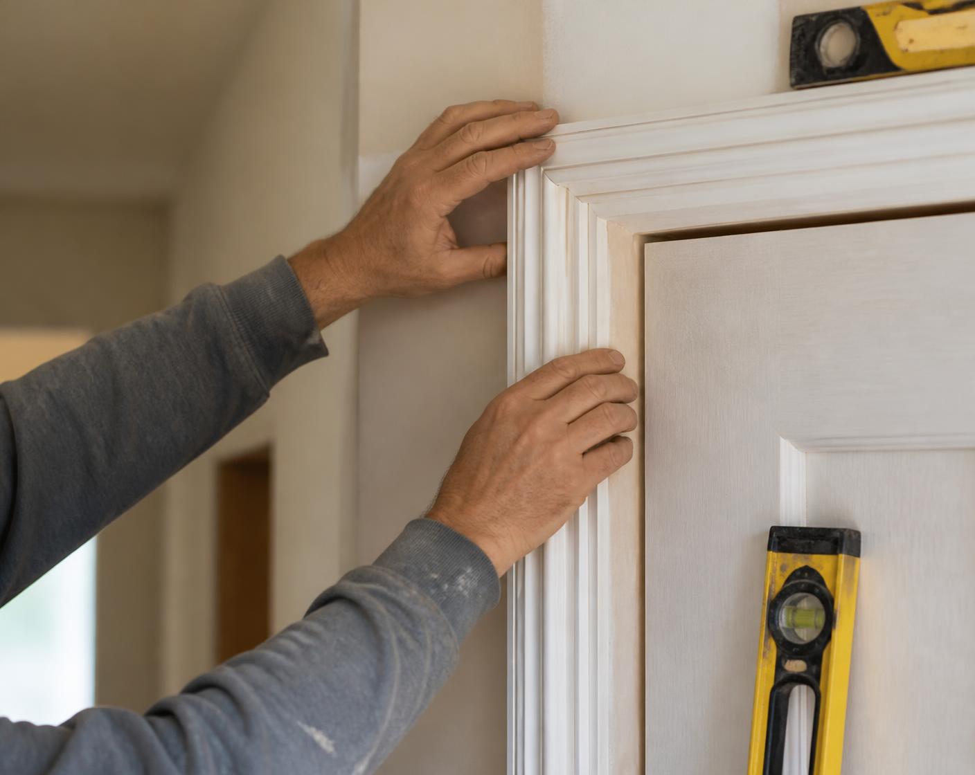 Close-up of skilled carpenter hands fitting custom trim molding with precision